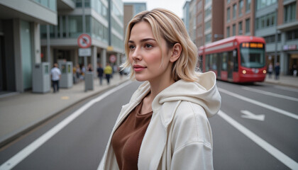 Fototapeta premium Woman waiting at tram stop in urban street, spring tourism launch