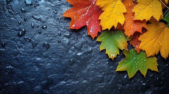 Colorful Autumn Leaves Resting On Dark Wet Stone