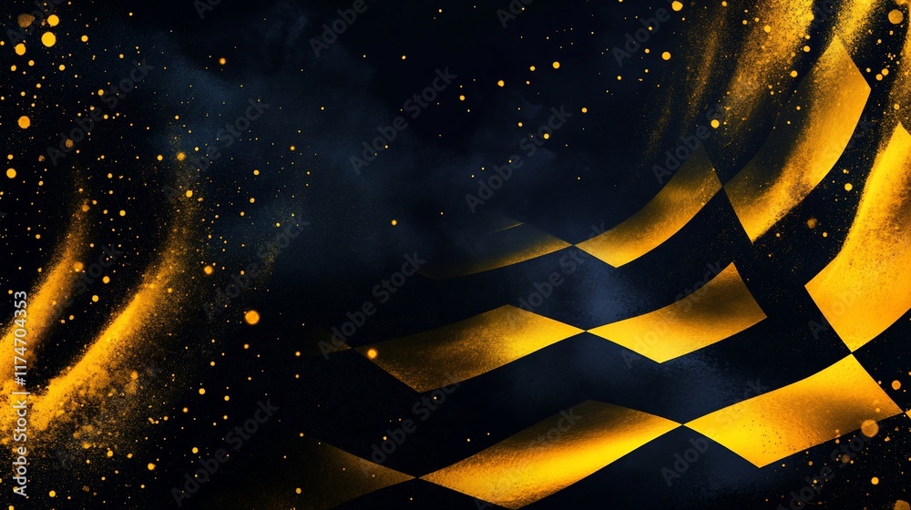 Poster checkered flag waving in the dark with golden dust and sparkles.