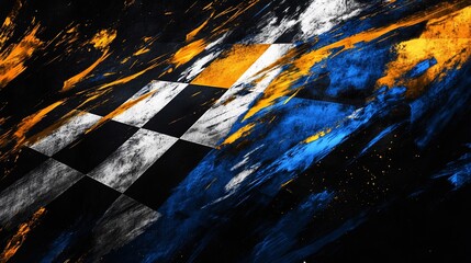 Obraz premium Abstract checkered flag design with vibrant colors and textured brushstrokes.