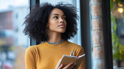 A young woman standing by a window, looking out thoughtfully while holding a notebook and pen, reflecting on her goals in life