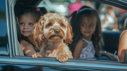 Fluffy brown Maltipoo peers inquisitively from the car window, while two young girls sit nearby, sharing smiles and laughter on a bright afternoon