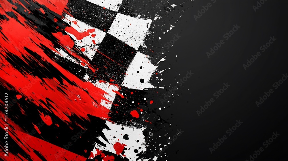 Poster Abstract checkered flag with red and black paint splatter.