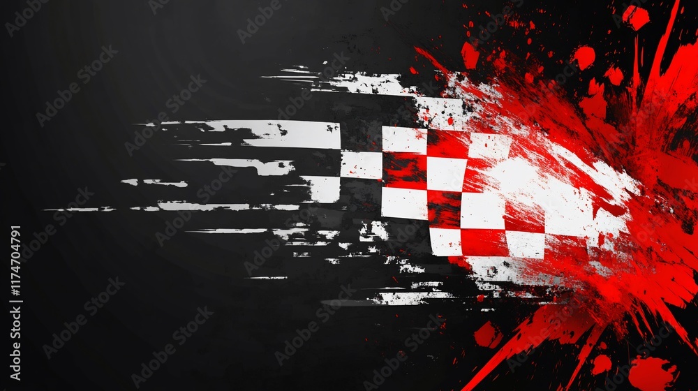 Poster Abstract checkered flag bursting with speed and splatters on a dark background.