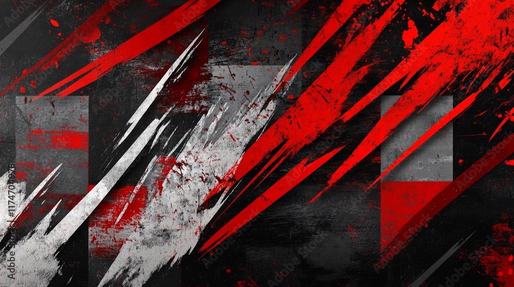 Poster Abstract graphic design with red and white paint splatters and textured squares.