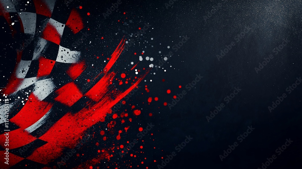 Poster Checkered flag abstract background with artistic splatters.