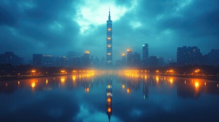 Fototapeta premium Night cityscape with skyscraper reflecting in water, shrouded in fog.