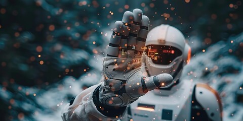 Futuristic Robotic Hand with Digital Interface and Glowing Particles