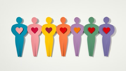 A vibrant and meaningful paper cutouts of human figures arranged neatly in a line. Paper cuts of people in rainbow colors holding hands side by side with all of them with a heart shape on them