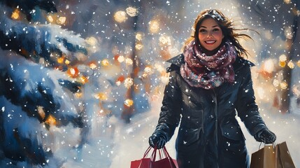 Woman smiling winter shopping snowy streetlights