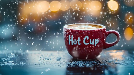 Coffee mug on a frosty table with snowflakes in the air, capturing the essence of winter, book illustration style