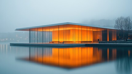 Fototapeta premium Illuminated modern pavilion on calm lake at dawn.