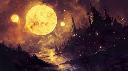 Fototapeta premium Futuristic Cityscape under Alien Moons: A Dark Fantasy Landscape
