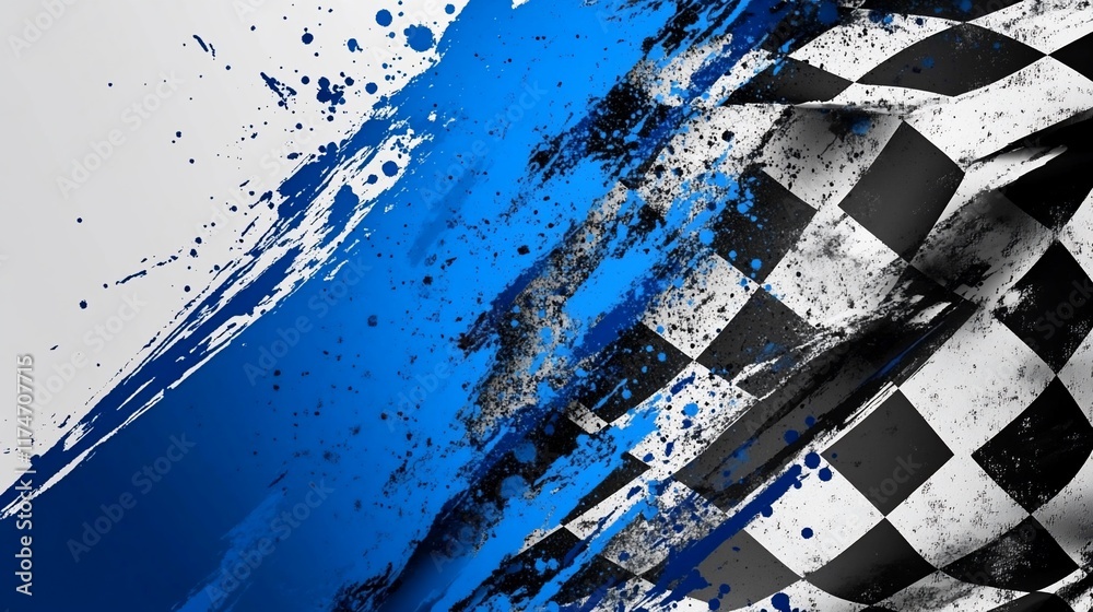 Poster Abstract checkered flag with dynamic blue and white splashes.