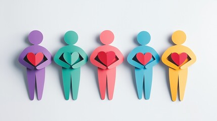 A vibrant and meaningful paper cutouts of human figures arranged neatly in a line. Paper cuts of people in rainbow colors holding hands side by side with all of them with a heart shape on them