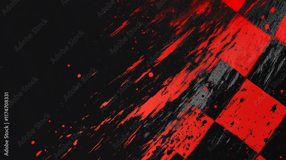 Poster Abstract checkered flag design with red and black splatters.