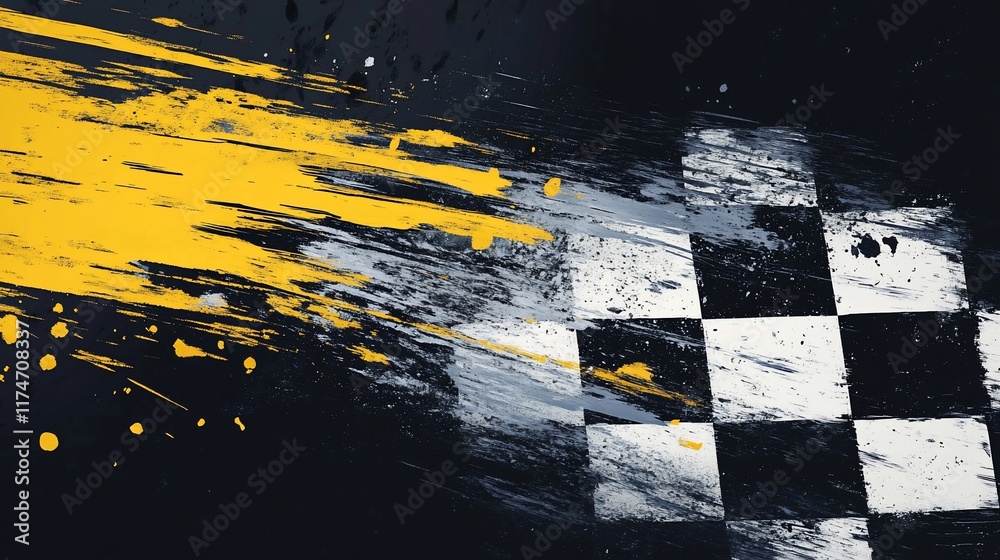 Fototapete abstract checkered flag with paint splatter. dynamic, motion blur effect.