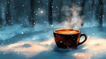 Cozy winter background with steaming coffee mug in snowy setting