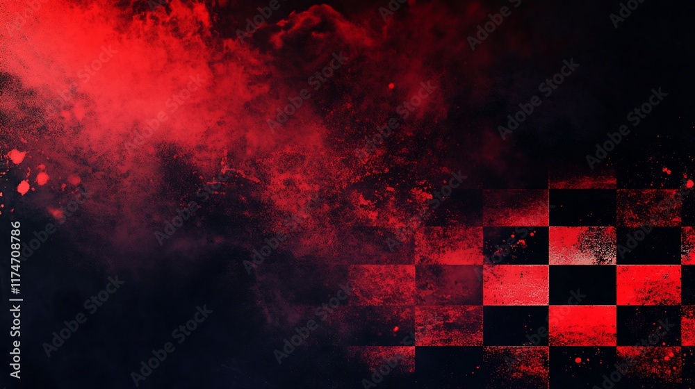 Poster abstract checkered flag with red smoke.