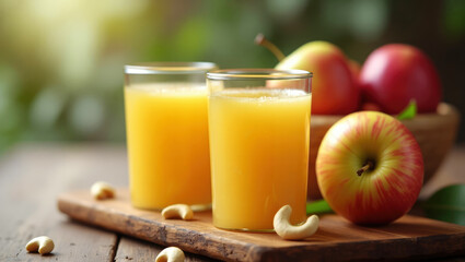 Fototapeta premium Rustic Glass of Apple Fruit Juice on Wooden Surface for a Refreshing Drink.