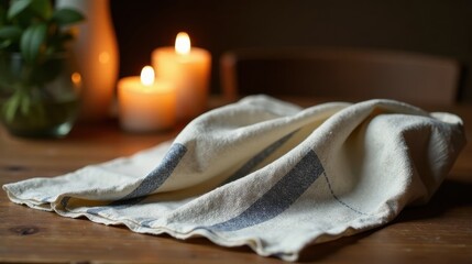 Soft, textured linen tea towel draped on wooden surface with softly glowing candles in the background