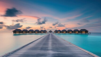 Fototapeta premium Luxury resort overwater villas at sunset with a wooden pier, calm sea reflections, and a colorful sky