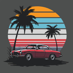 car with sunset and retro-style palm silhouette vector t shirt design