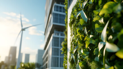 Modern green building facade with vertical gardens and wind turbine in a sustainable cityscape.