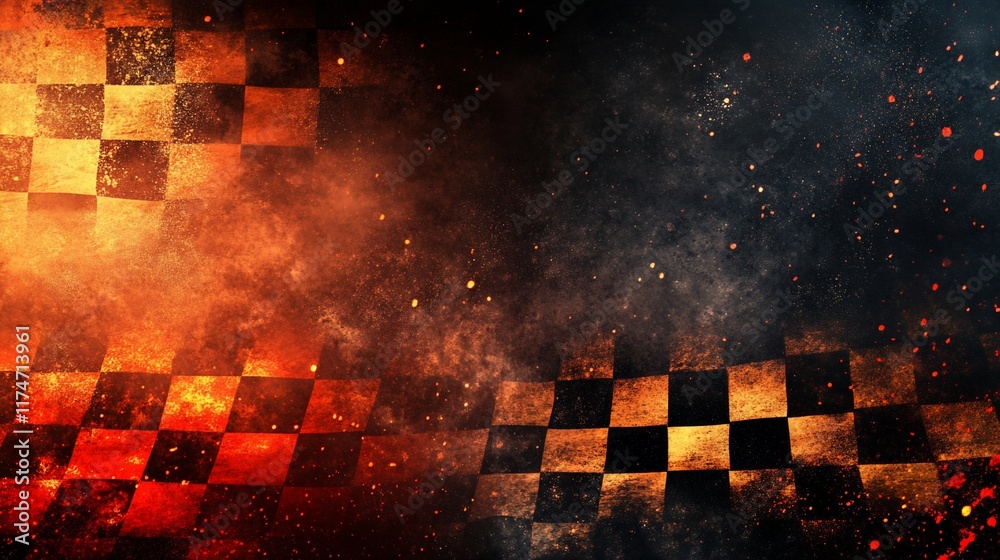 Poster checkered flag background with fiery, smoky texture.