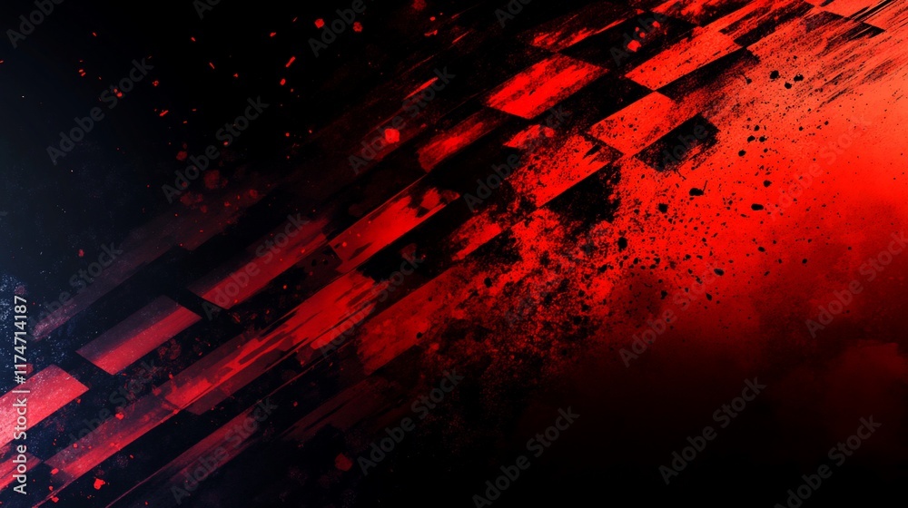 Poster abstract racing flag graphic with red and black diagonal stripes, splattered effect.