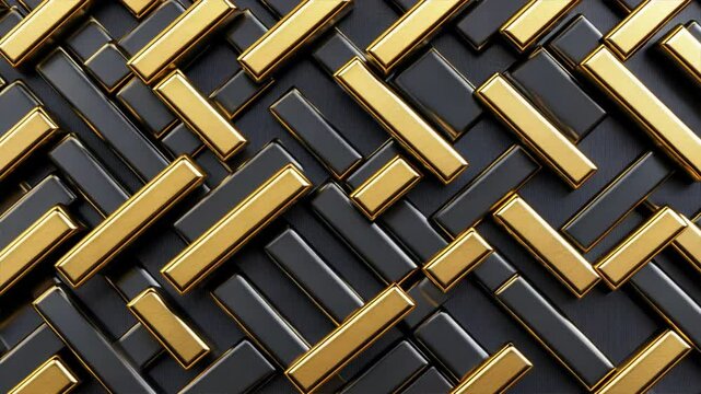 Textured pattern of modern black and gold rectangles creates luxurious design background, perfect for creative projects with elegance and sophistication.