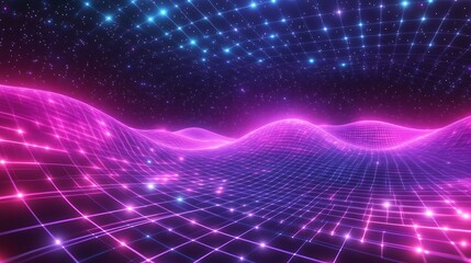 Dynamic neon particle waves flowing in a digital space grid