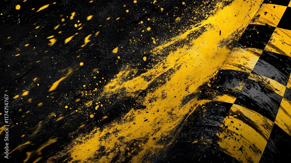 Poster abstract black and yellow checkered flag with grunge texture.