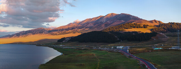 The beautiful scenery of Sayram Lake, coastal mountains, and grasslands in Xinjiang, China on September 4, 2024