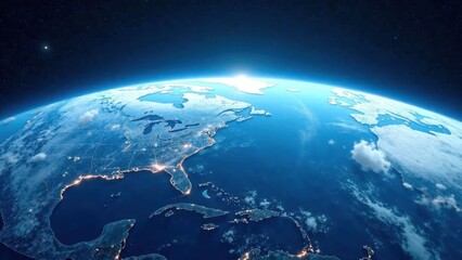 A Stunning Orbital View of a Planet's Nightside, Showing Coastal Cities and a Sunrise on the Horizon