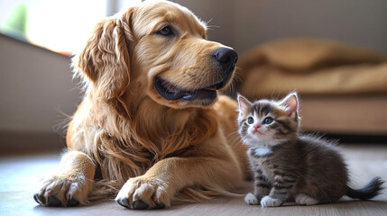 Golden Retriever and Kitten Companionship