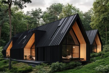 Obraz premium A modern black roofline with sharp angles and contrasting wooden facades nestled in a forest setting