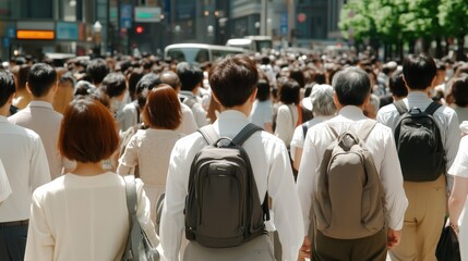Fototapeta premium Crowds of people navigate a bustling urban street in the middle of the day. Individuals wearing light attire carry bags as they move towards various destinations in the city