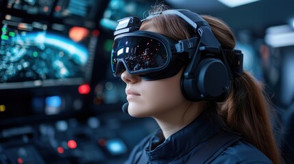 woman engages with a cutting-edge virtual reality headset while surrounded by various illuminated control panels in a modern technology hub. Her expression reflects intense focus and immersion