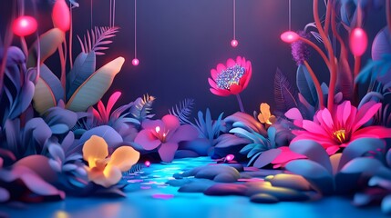 A vibrant 3D illustration of nature and ecology symbols with glowing accents