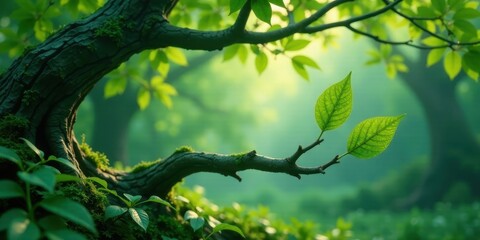 Serene Forest Scene Sunlight Illuminates Vibrant Green Foliage and Mossy Tree Trunk