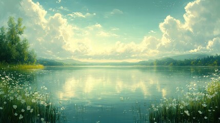 A serene lake scene with lush greenery and a vibrant sky reflecting on the water's surface.