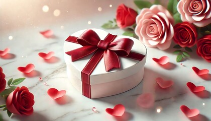 Valentine's Day with a 3D Heart-Shaped Gift Box and Red Satin Bow