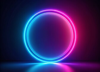 Fototapeta premium 80s Retro Neon Pink Blue Circle Frame Glowing Light Ring Dark Background Copy Space