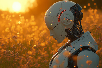 Technological Transcendence: A Serene Robot Finds Peace Amidst Nature’s Embrace, Meditating in a Golden Hour Field.