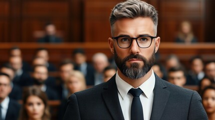 Fototapeta premium man in a black suit stands confidently in a courtroom, surrounded by an attentive audience. atmosphere is serious, reflecting the importance of the legal proceedings taking place