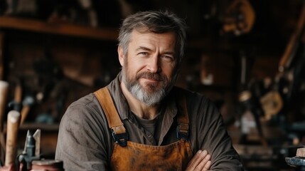 Fototapeta premium man with a beard smiles confidently in a woodworking workshop filled with tools and materials. He stands with crossed arms, embodying passion for craftsmanship and quality work