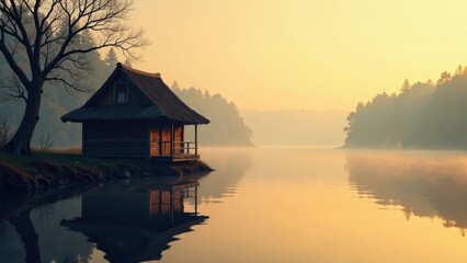 Fototapeta premium Serene Lakeside Cabin at Dawn A Picturesque Wooden Structure Reflecting on Calm Waters, Embraced by Misty Morning Light and Tranquil Forest