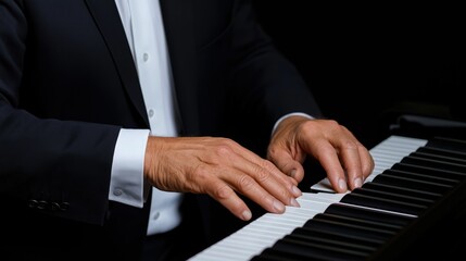 Fototapeta premium talented musician plays a grand piano, displaying smooth and precise hand movements. elegant black suit contrasts with the piano keys, creating a sophisticated atmosphere