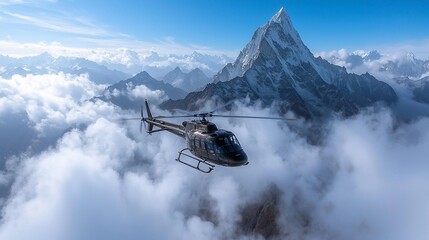 Obraz premium Helicopter flying over snow-capped mountains and clouds.